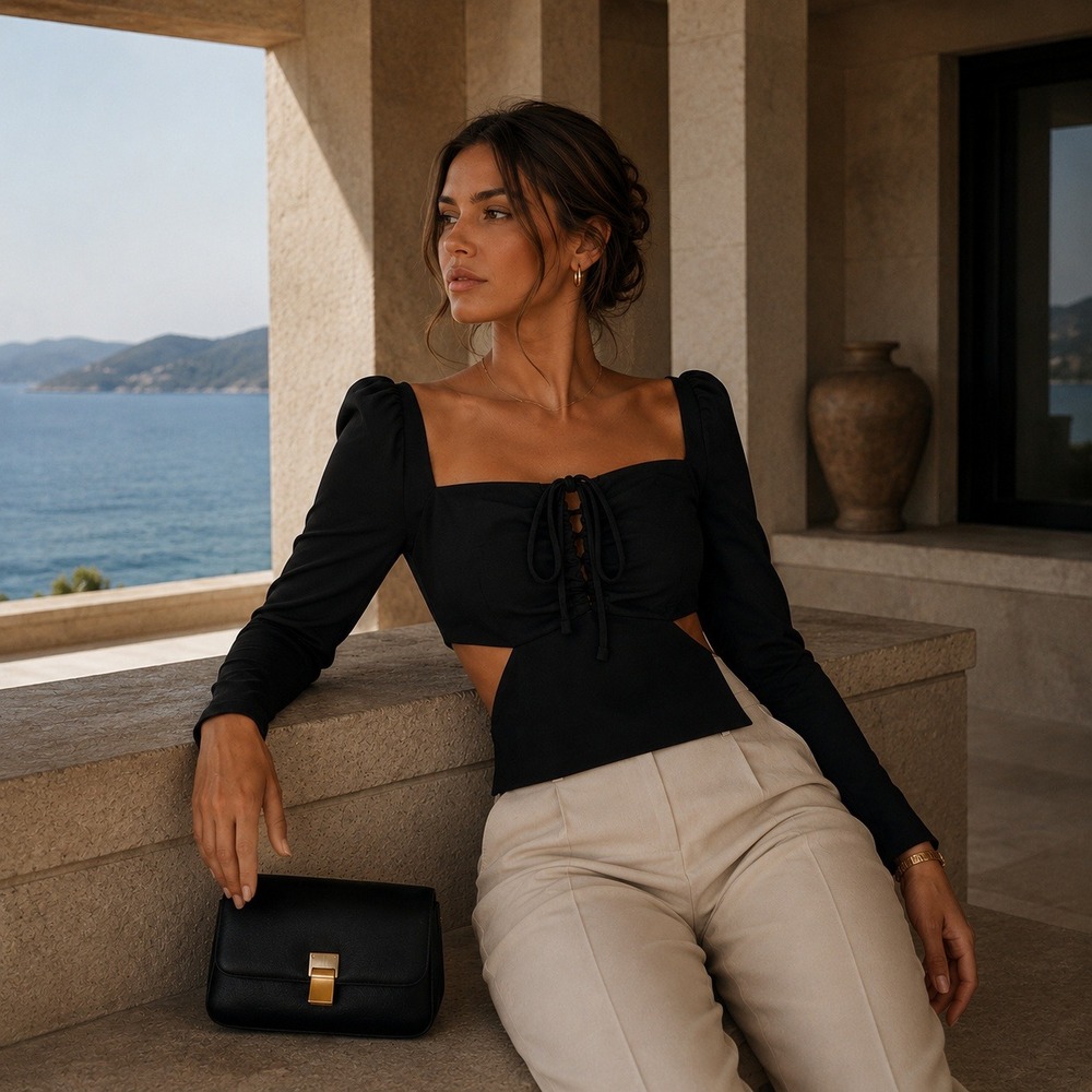 2/$30 ZARA Black Linen‎ Blend Cut Out Ruched Bust Top XSmall